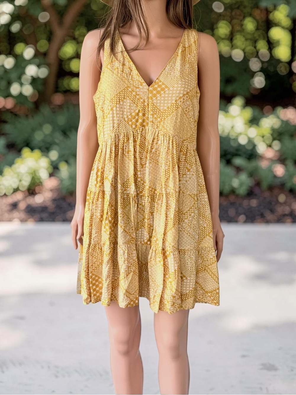 Sincerely Jules L Mustard Boho Tiered Mini Dress Sleeveless Prairie Rayon - Picture 2 of 7